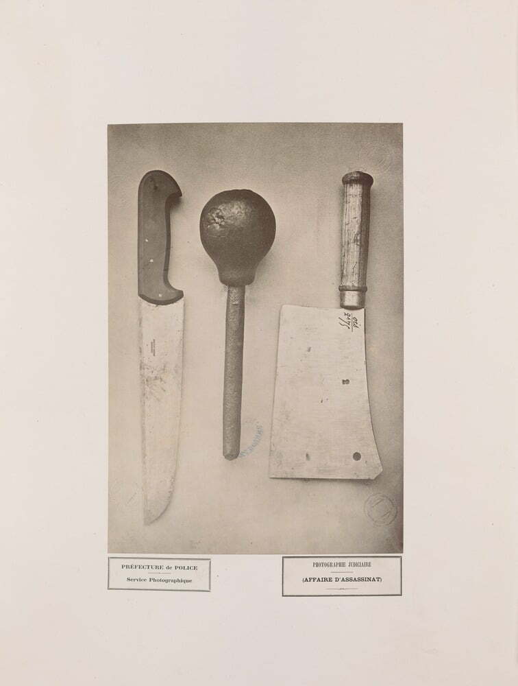 albumen silver print photograph of a collection of weapons: knife, cosh and cleaver