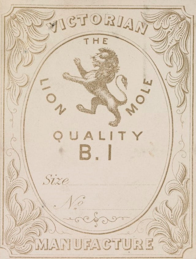 Engraving on stone showing lion u.c. and decorative corners. Text reads: Victorian Manufacture / The Lion Mole Quality B. 1. 